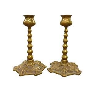 Pair Victorian Brass Candlesticks Gothic Revival Green Man Mask Ornate c1870